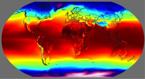 Reds, oranges and yellows represent areas with high yearly average temperature. Blues and purples indicate low temperature. If temperature directly influenced plant growth, then we would expect the dark green regions in the video below to align with the red areas on this temperature map. Reds, oranges and yellows represent areas with high yearly average temperature. Blues and purples indicate low temperature. If temperature directly influenced plant growth, then we would expect the dark green regions in the video below to align with the red areas on this temperature map.